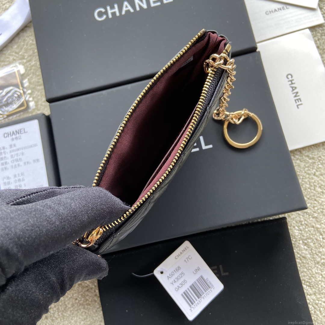 Chanel Classic Card Holder Zipper Lambskin A50168 Black Gold