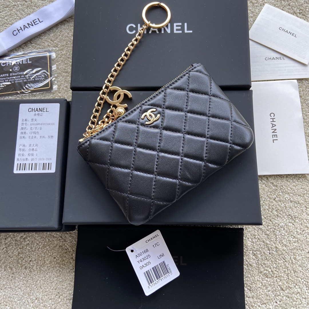 Chanel Classic Card Holder Zipper Lambskin A50168 Black Gold