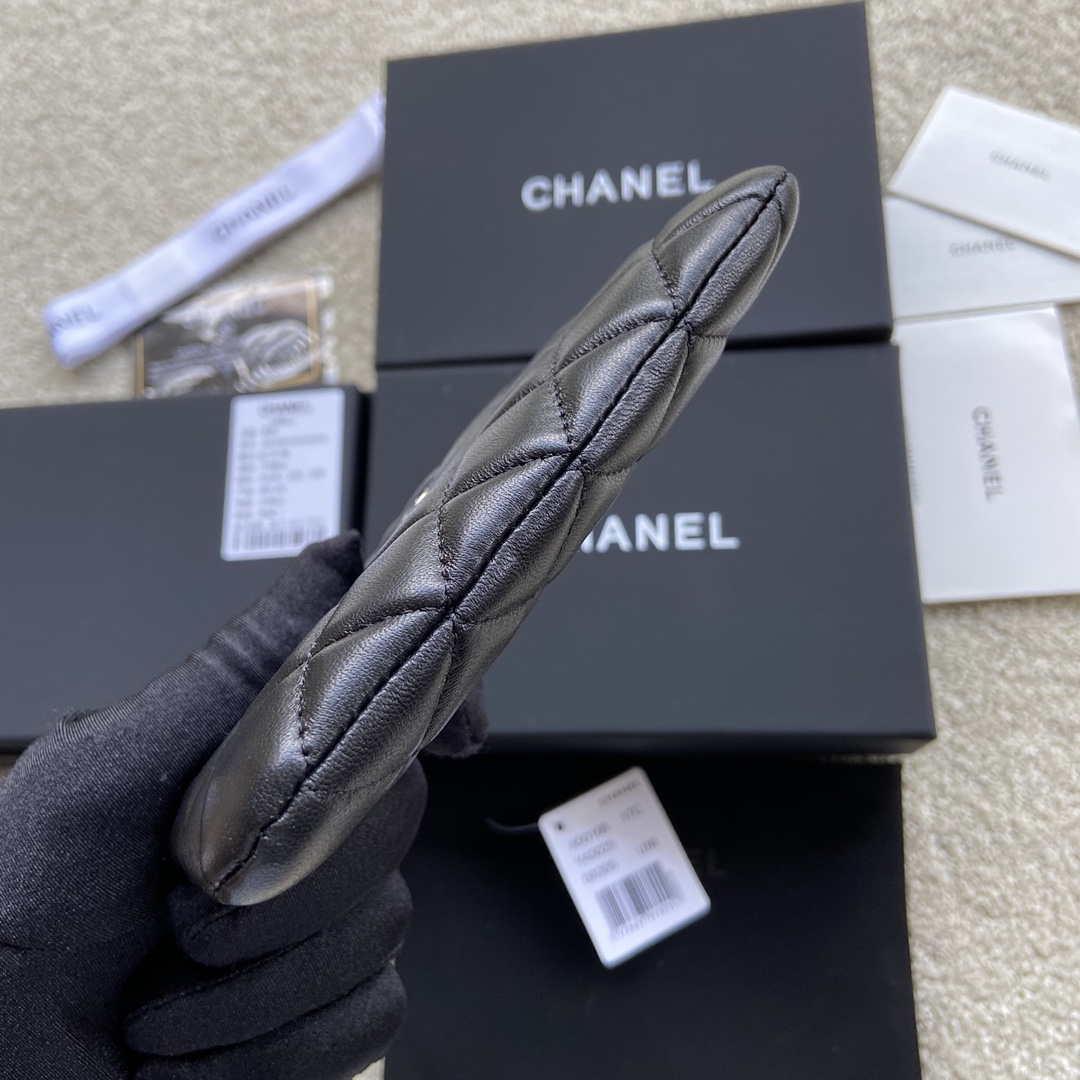 Chanel Classic Card Holder Zipper Lambskin A50168 Black Silver