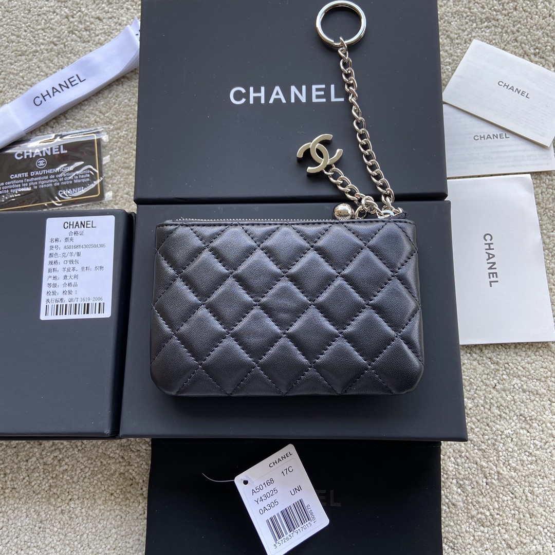 Chanel Classic Card Holder Zipper Lambskin A50168 Black Silver