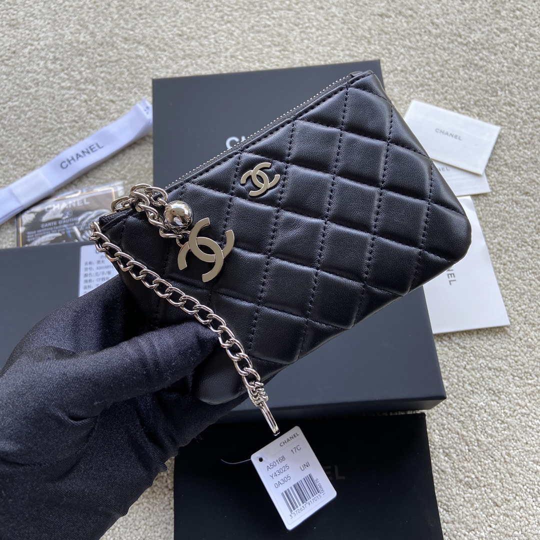 Chanel Classic Card Holder Zipper Lambskin A50168 Black Silver