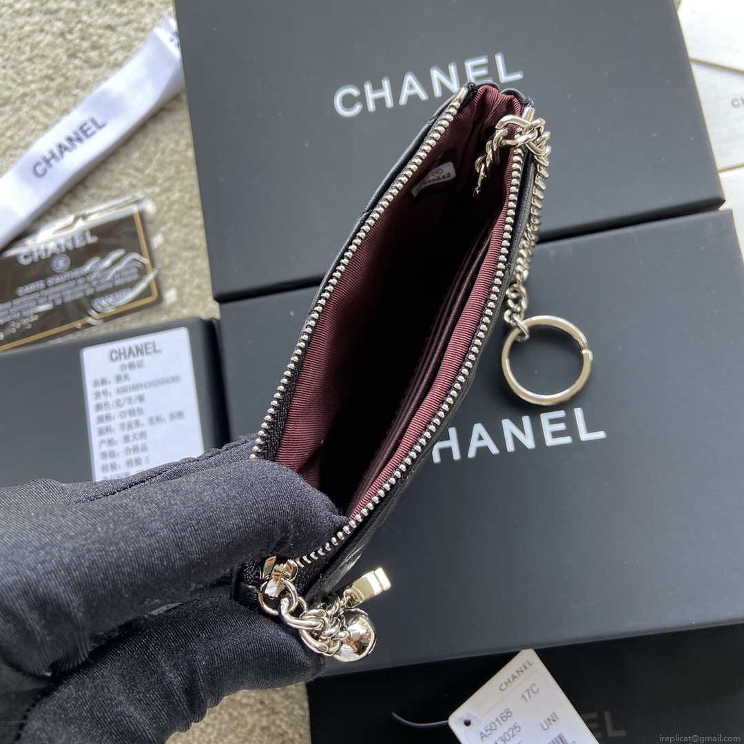 Chanel Classic Card Holder Zipper Lambskin A50168 Black Silver