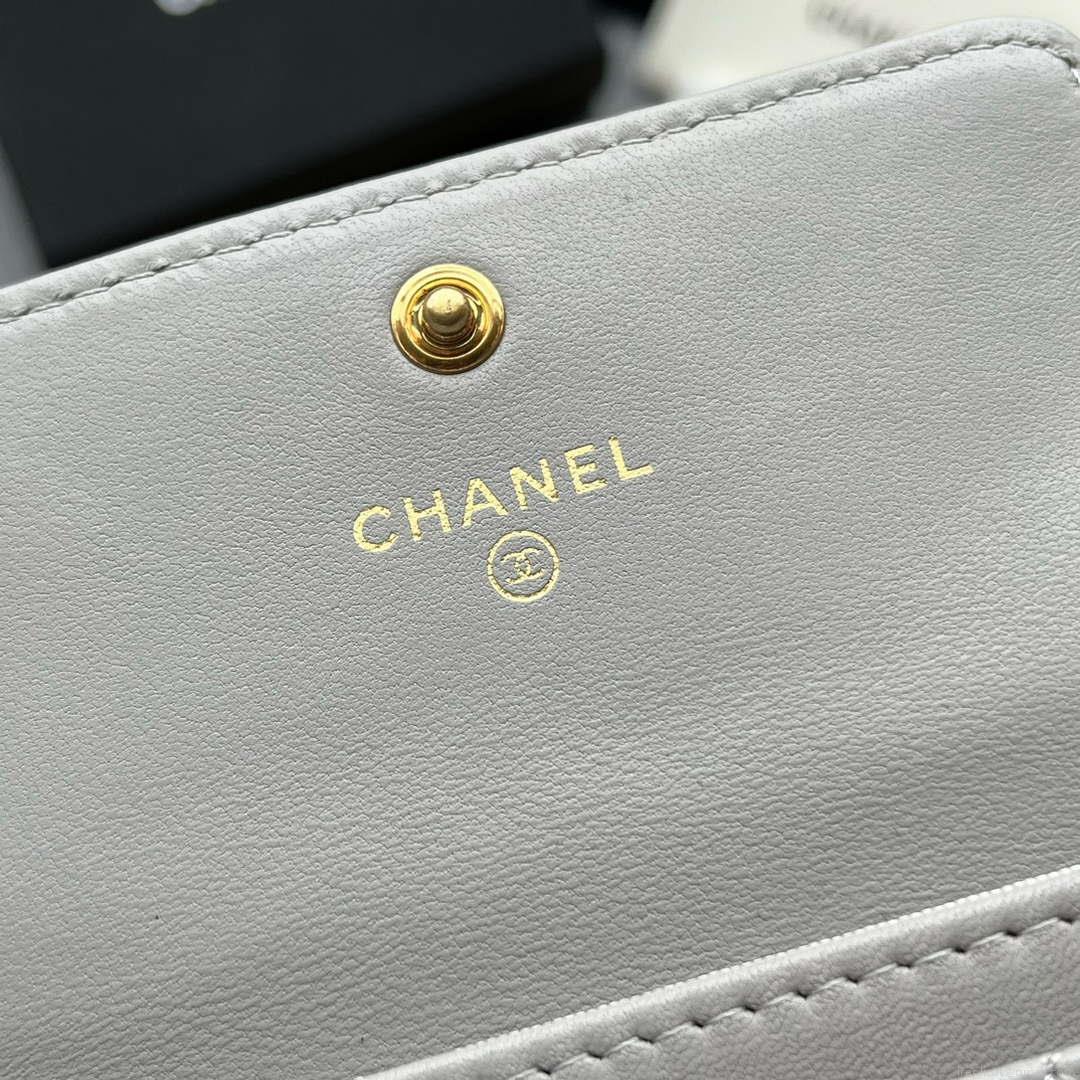 Chanel AP1790 19 flap Card Holder shiny lambskin gold tone ruthenium finish metal Gray