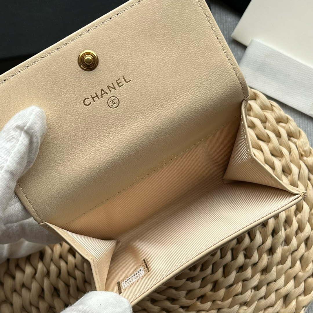 Chanel AP1790 19 flap Card Holder shiny lambskin gold tone ruthenium finish metal Beige