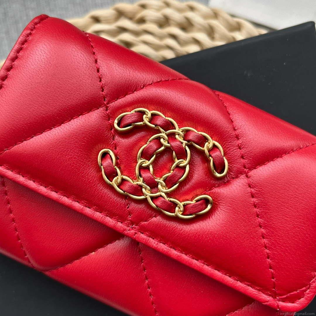 Chanel AP1790 19 flap Card Holder shiny lambskin gold tone ruthenium finish metal Red