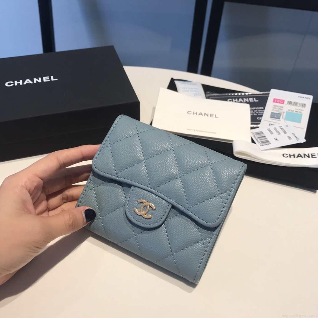 Chanel AP0231 Classic Small FLAP Wallet Calfskin Blue Gold