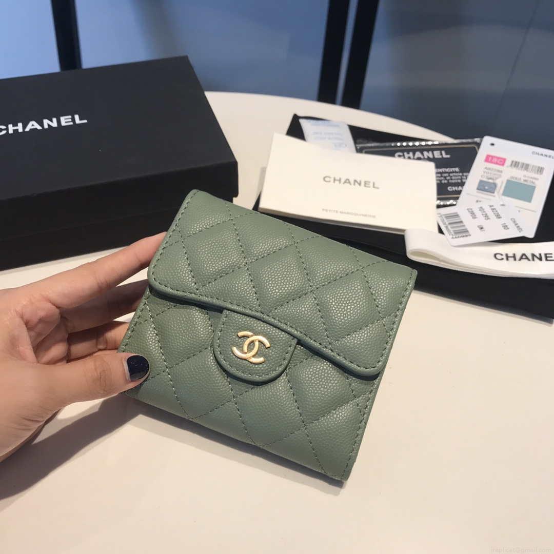 Chanel AP0231 Classic Small FLAP Wallet Calfskin Green Gold