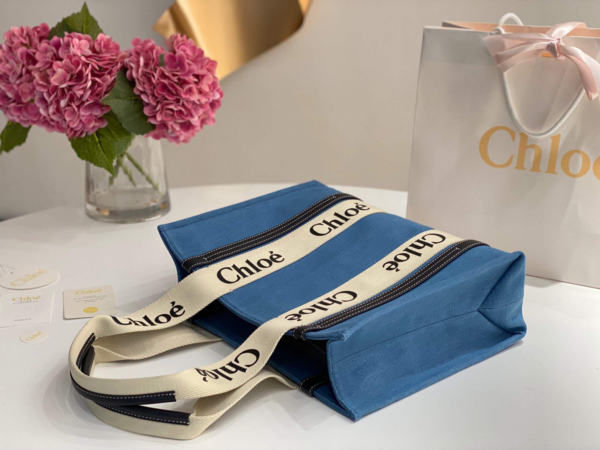Chloe 6690 Medium Woody Tote Bag in Cotton Canvas Blue