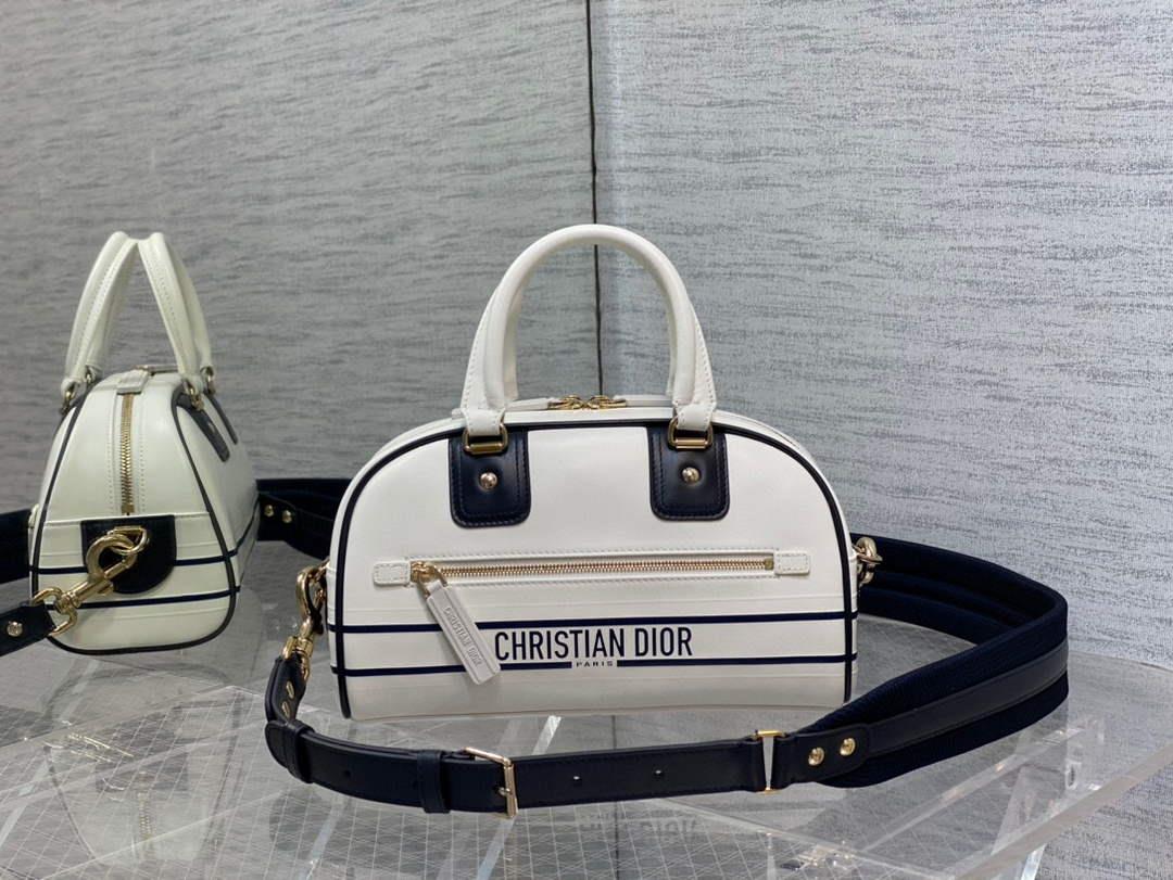 Dior M6209 Small Vibe Zip Bowling Bag White and Blue Smooth Calfskin