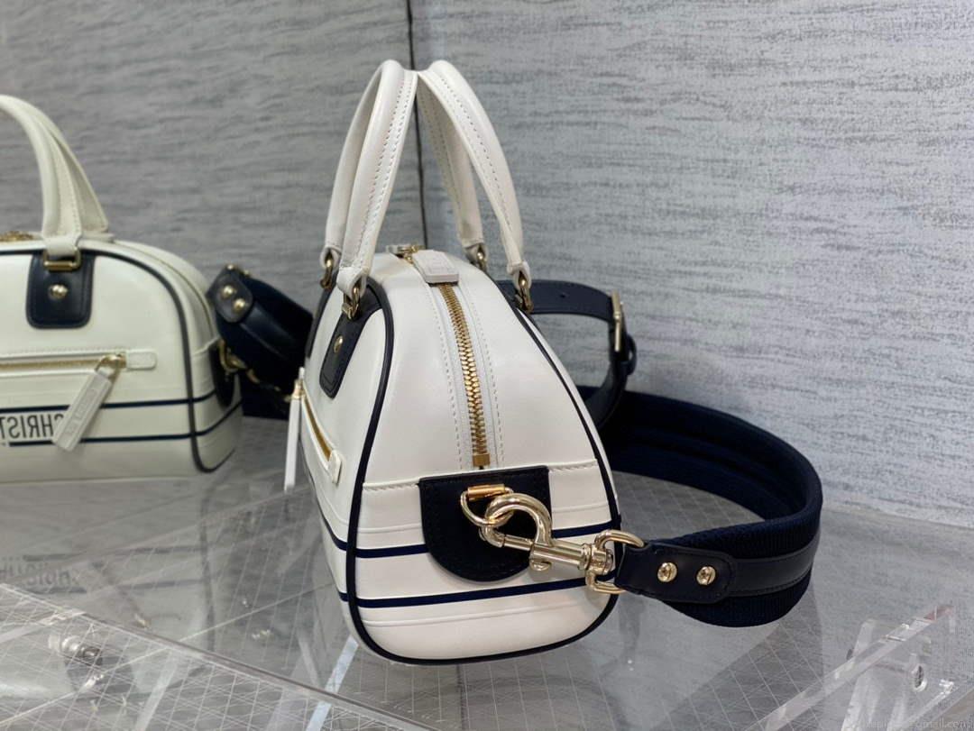 Dior M6209 Small Vibe Zip Bowling Bag White and Blue Smooth Calfskin