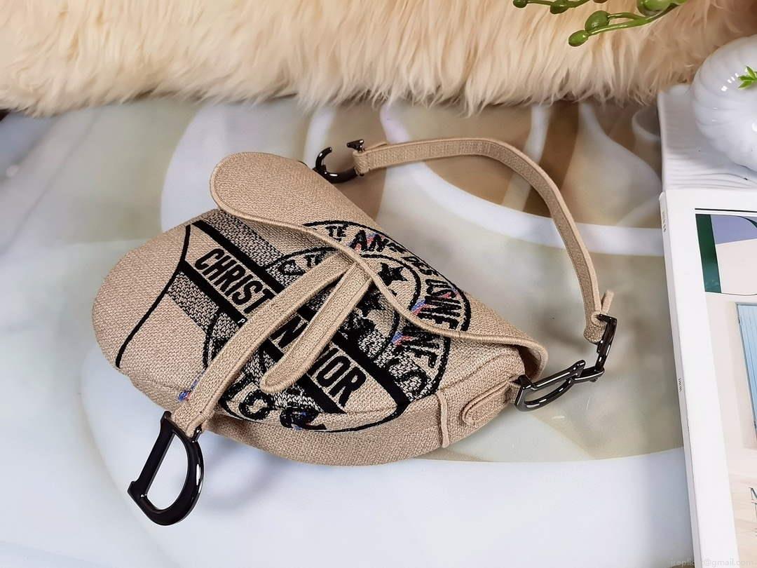 Dior Saddle Bag Beige Jute Canvas Embroidered M0446