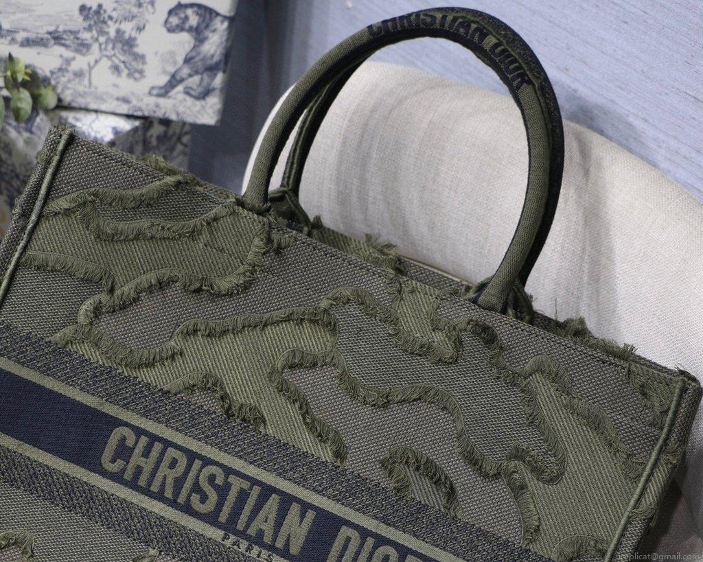 Dior Book Tote M1286 Green Camouflage Embroidery Shopping Bag