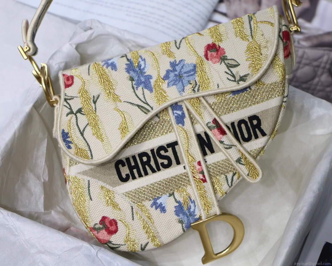 Dior M0446 Dior Saddle Bag Multicolor Flowers Embroidery With Gold