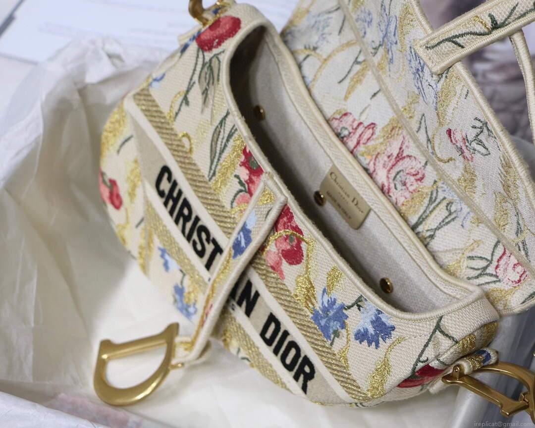 Dior M0446 Dior Saddle Bag Multicolor Flowers Embroidery With Gold