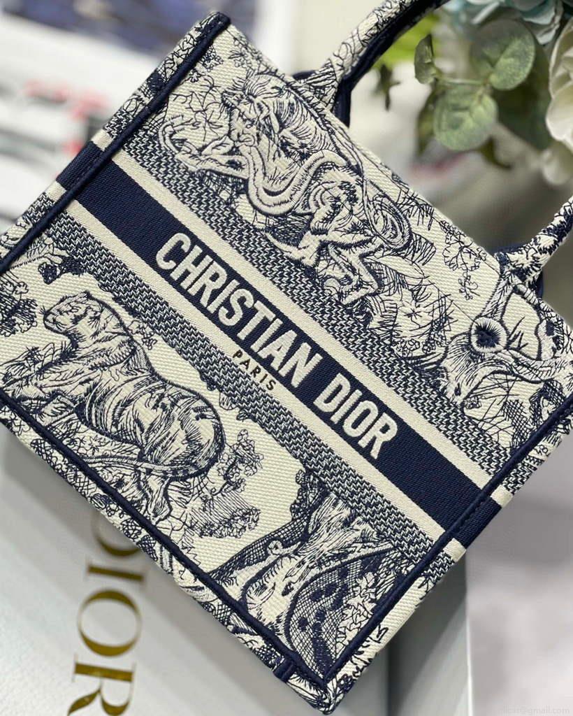 Dior Book Tote M1265 Small Dior Toile De Jouy Reverse Embroidery Blue