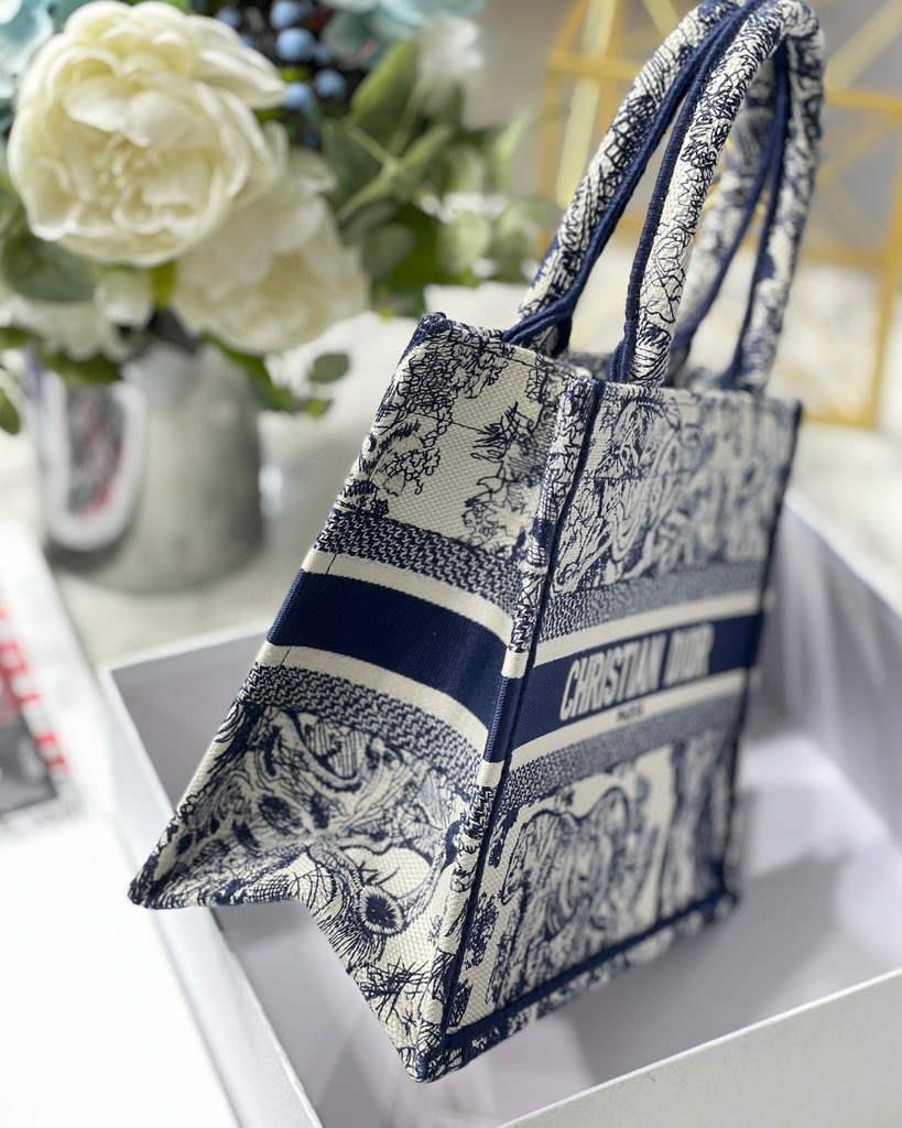 Dior Book Tote M1265 Small Dior Toile De Jouy Reverse Embroidery Blue