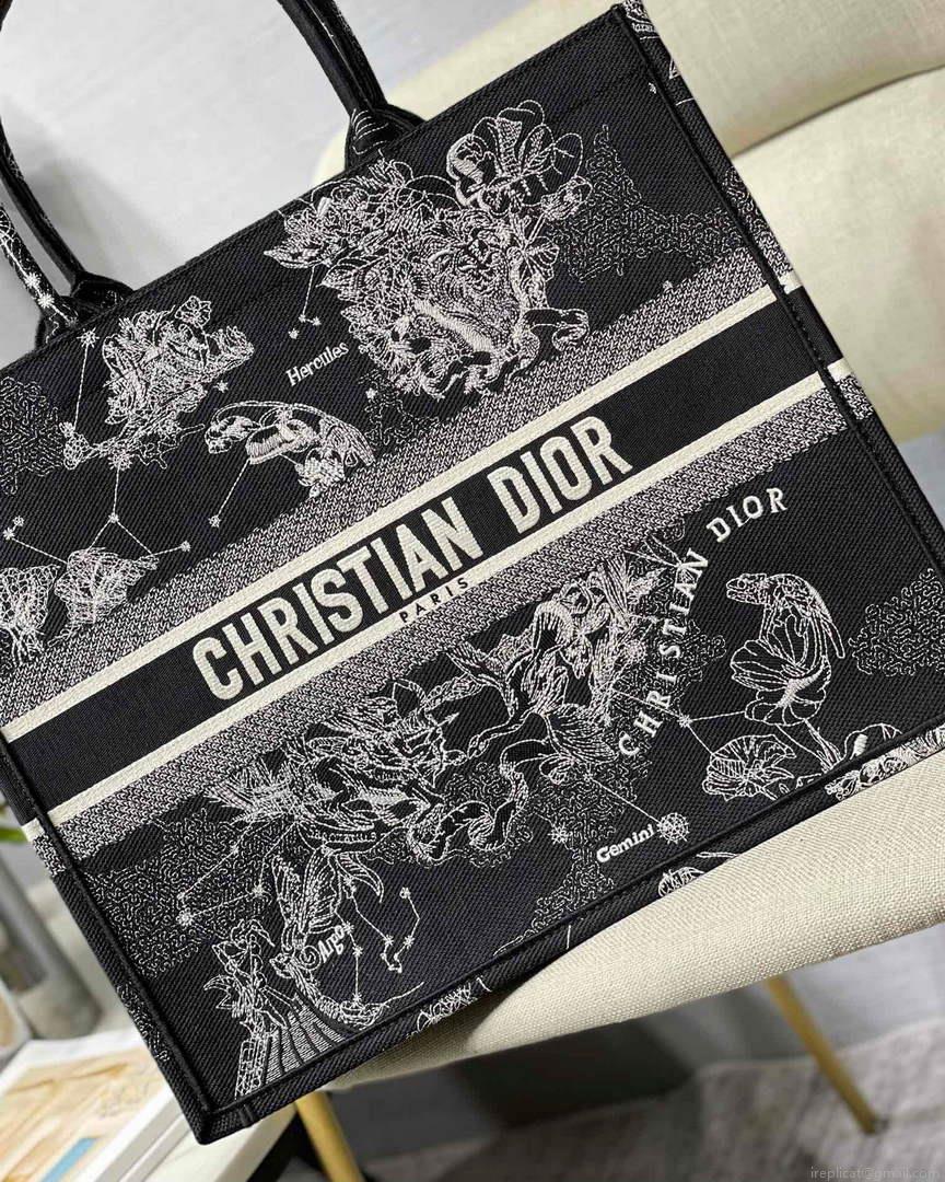 Dior M1286 Large Book Tote Black Toile de Jouy Zodiac latte embroidery