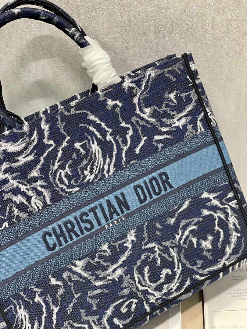 Dior M1286 Large Book Tote Blue Dior Roses embroidery