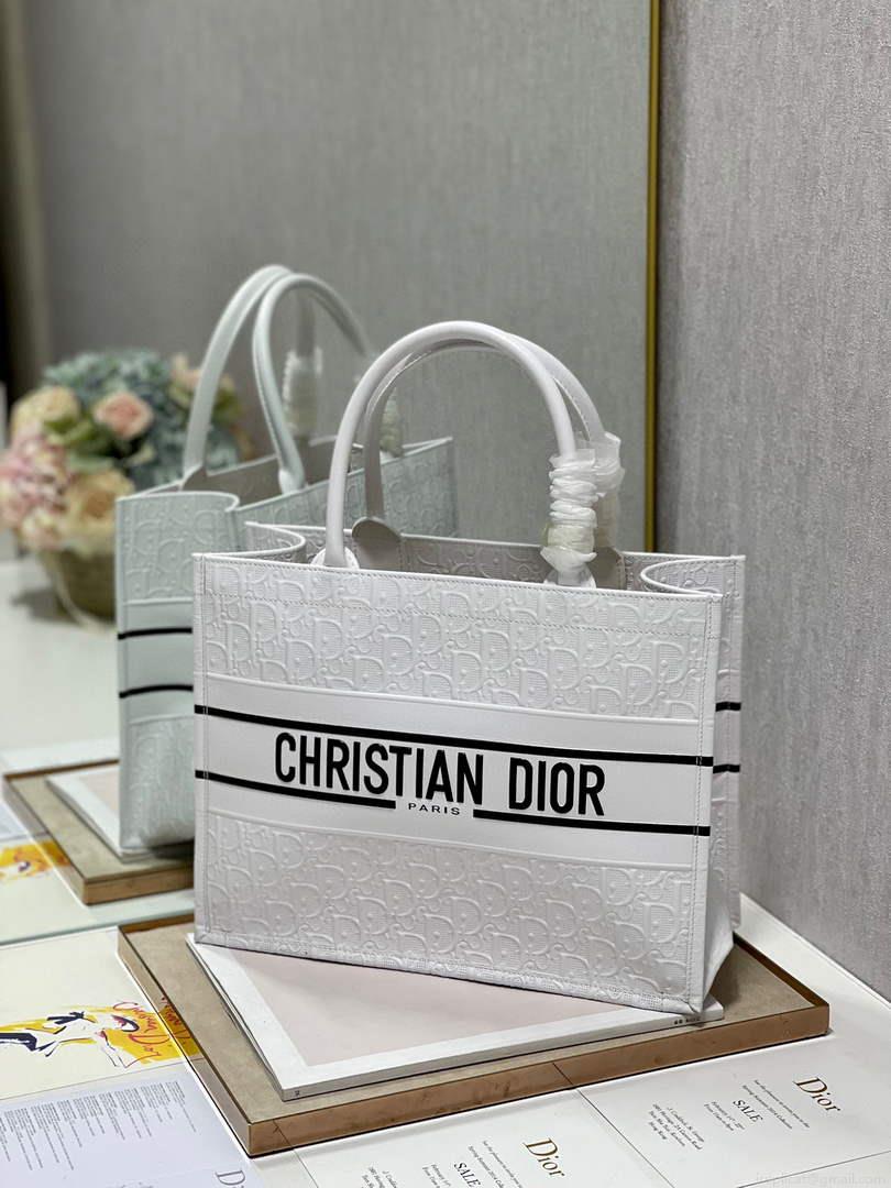 Dior M1296 Medium Book Tote White Perforated and Embossed Oblique Calfskin