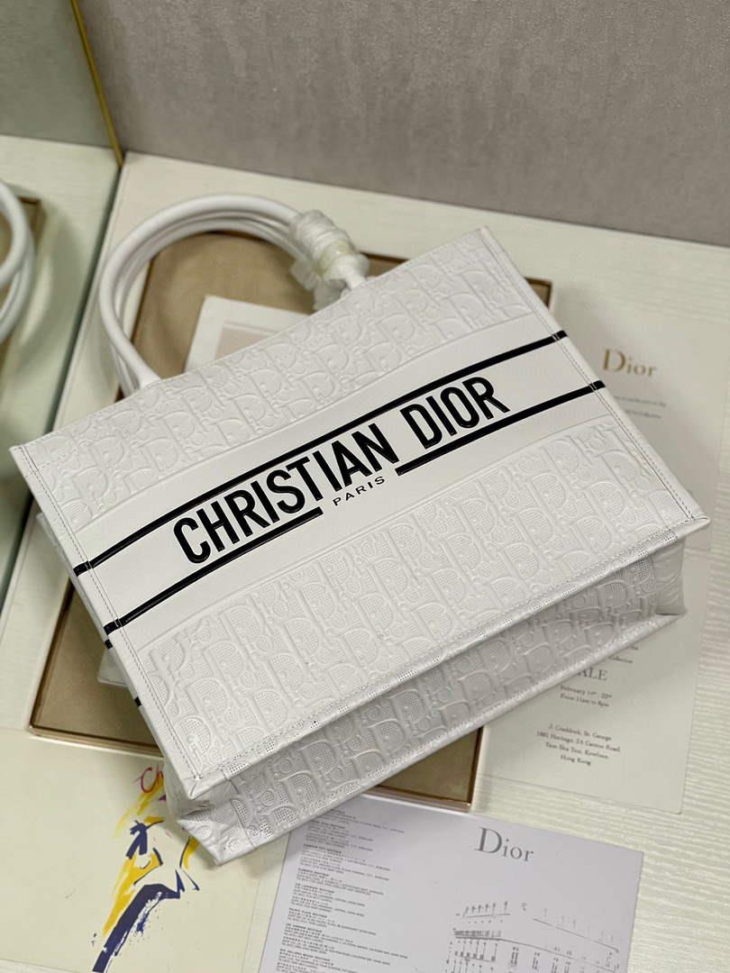 Dior M1296 Medium Book Tote White Perforated and Embossed Oblique Calfskin
