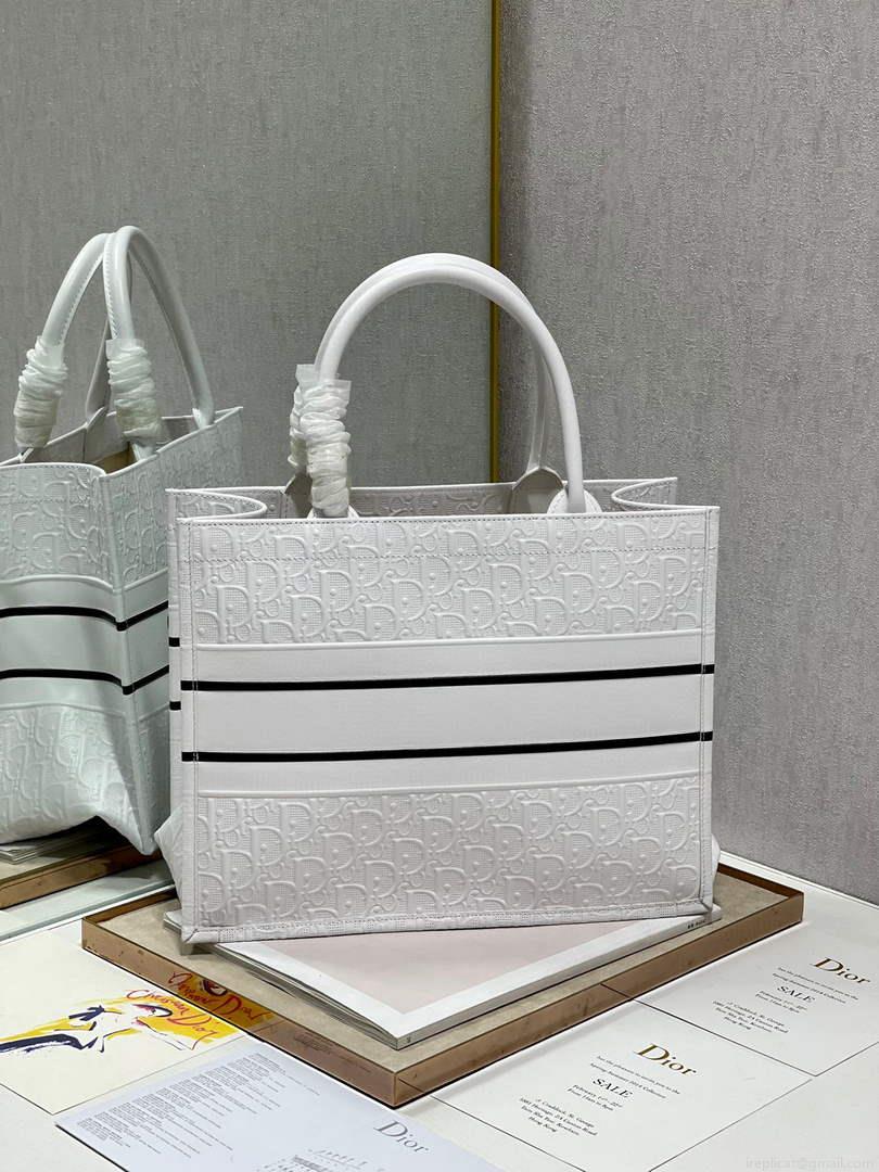 Dior M1296 Medium Book Tote White Perforated and Embossed Oblique Calfskin