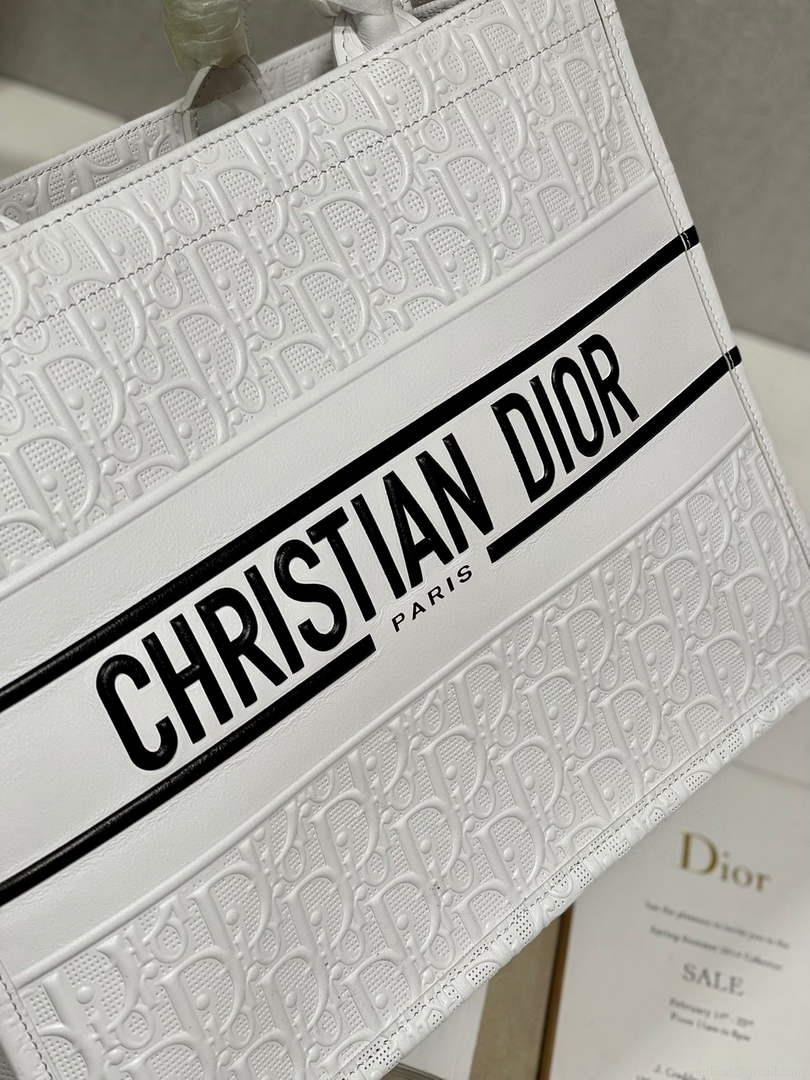Dior M1296 Medium Book Tote White Perforated and Embossed Oblique Calfskin