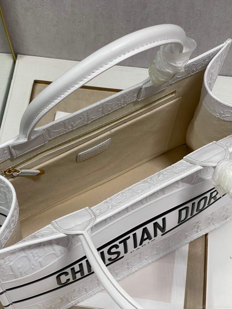 Dior M1296 Medium Book Tote White Perforated and Embossed Oblique Calfskin