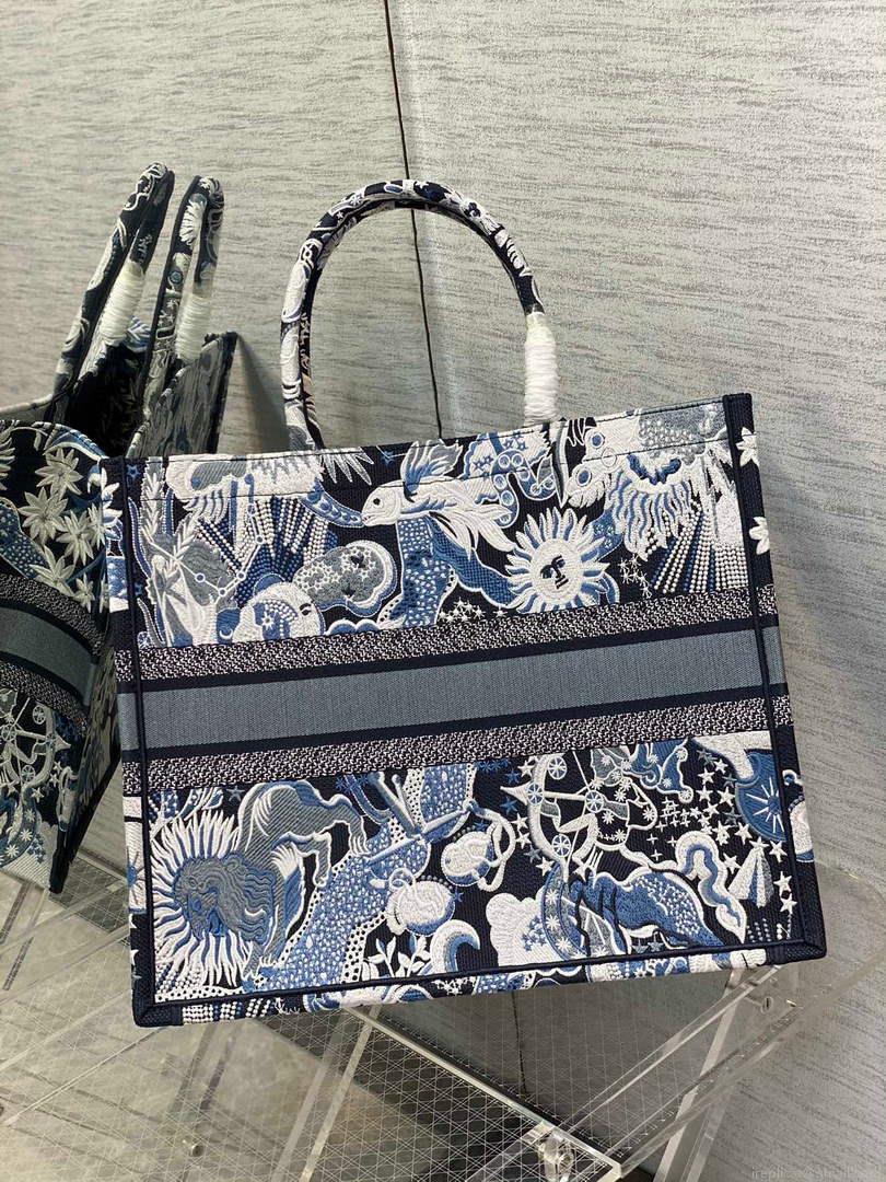 Dior M1286 Large Book Tote Blue Multicolor Zodiac Fantastico Embroidery