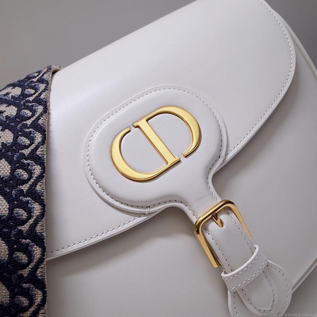 Dior M9320 Large Bobby Bag white Box Calfskin with Blue Oblique Strap