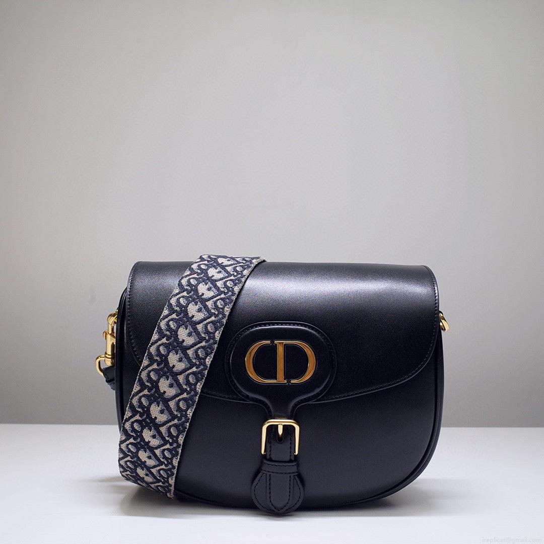 Dior M9320 Large Bobby Bag Black Box Calfskin with Blue Oblique Strap