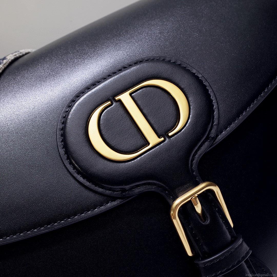 Dior M9320 Large Bobby Bag Black Box Calfskin with Blue Oblique Strap