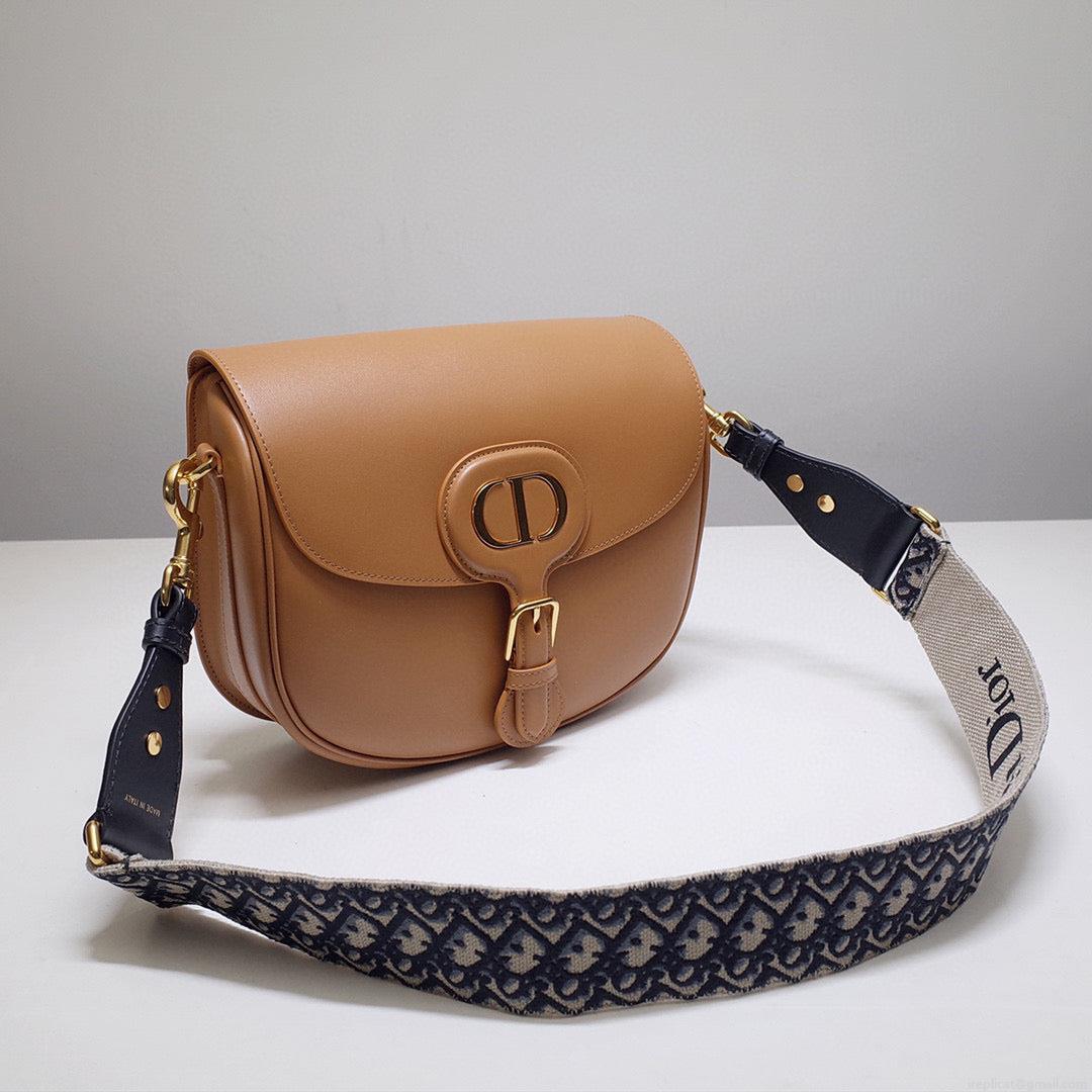 Dior M9320 Large Bobby Bag Tan Box Calfskin with Blue Oblique Strap