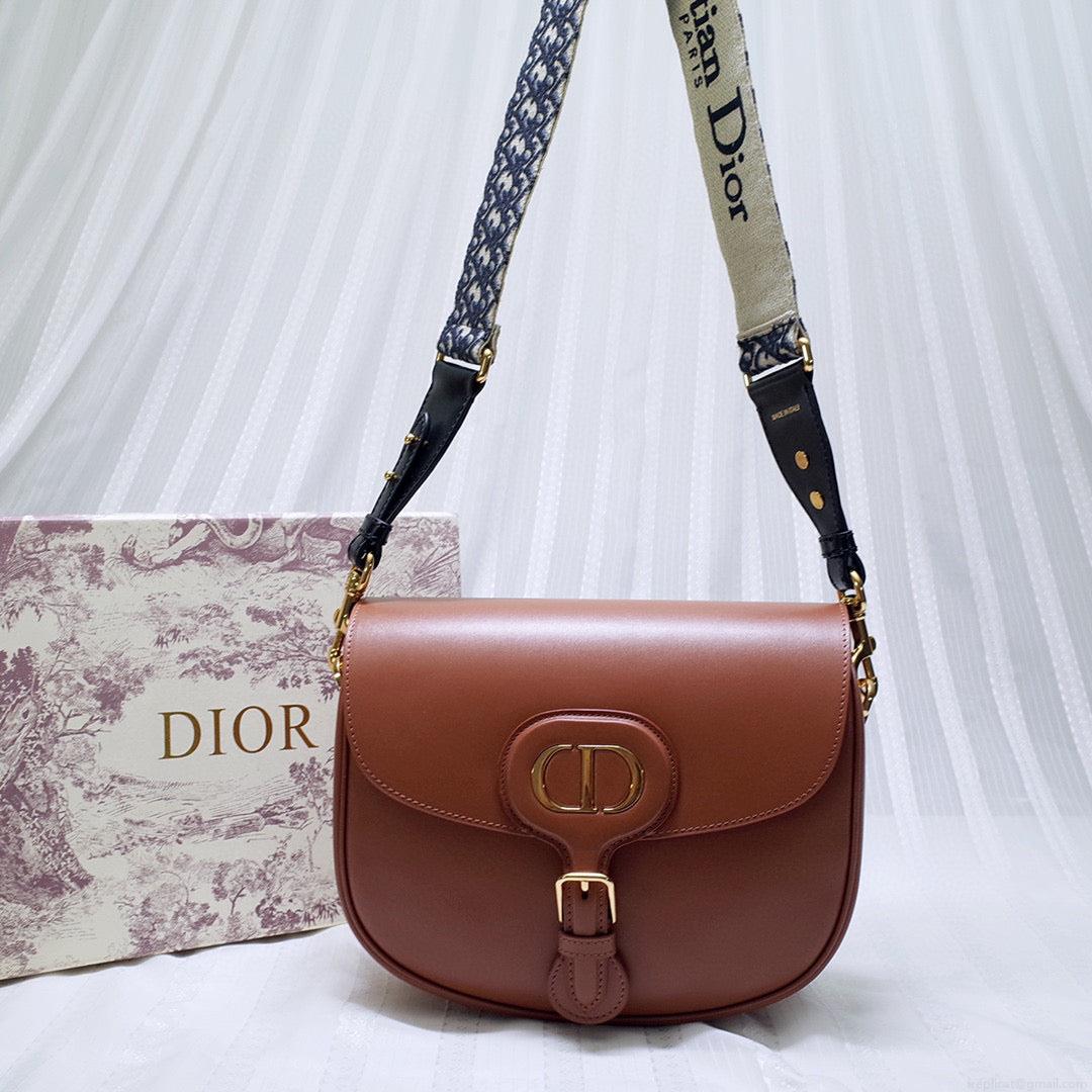 Dior M9320 Large Bobby Bag Brown Box Calfskin with Blue Oblique Strap