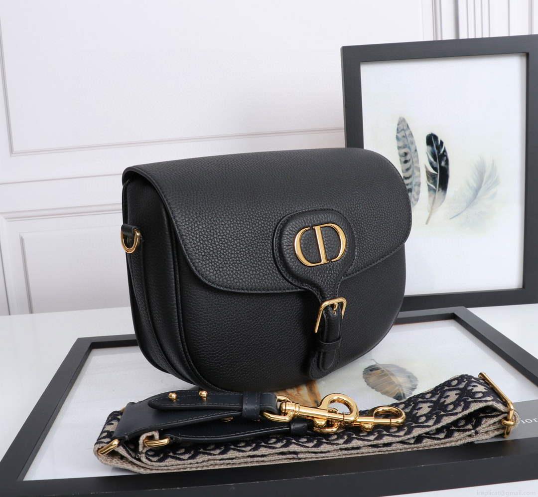 Dior M9320 Large Bobby Bag Black Grained Calfskin with Blue Dior Oblique Strap