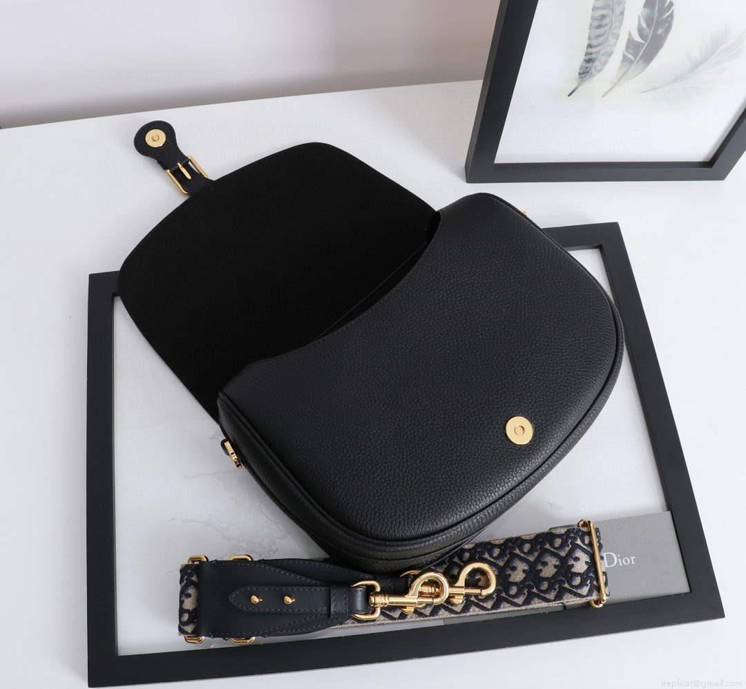 Dior M9320 Large Bobby Bag Black Grained Calfskin with Blue Dior Oblique Strap