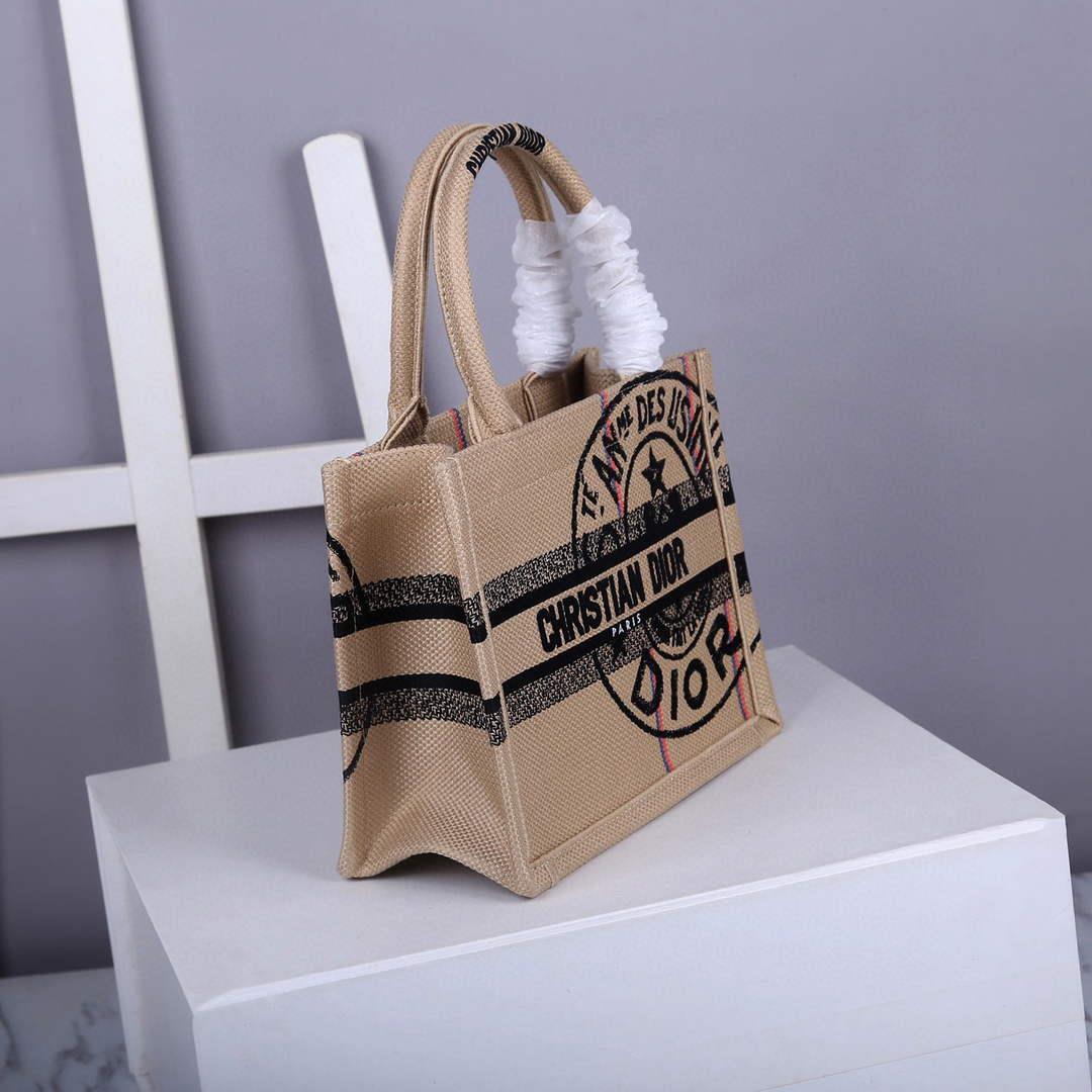 Dior M1265 Small Book Tote Beige jute fabric with Union motif