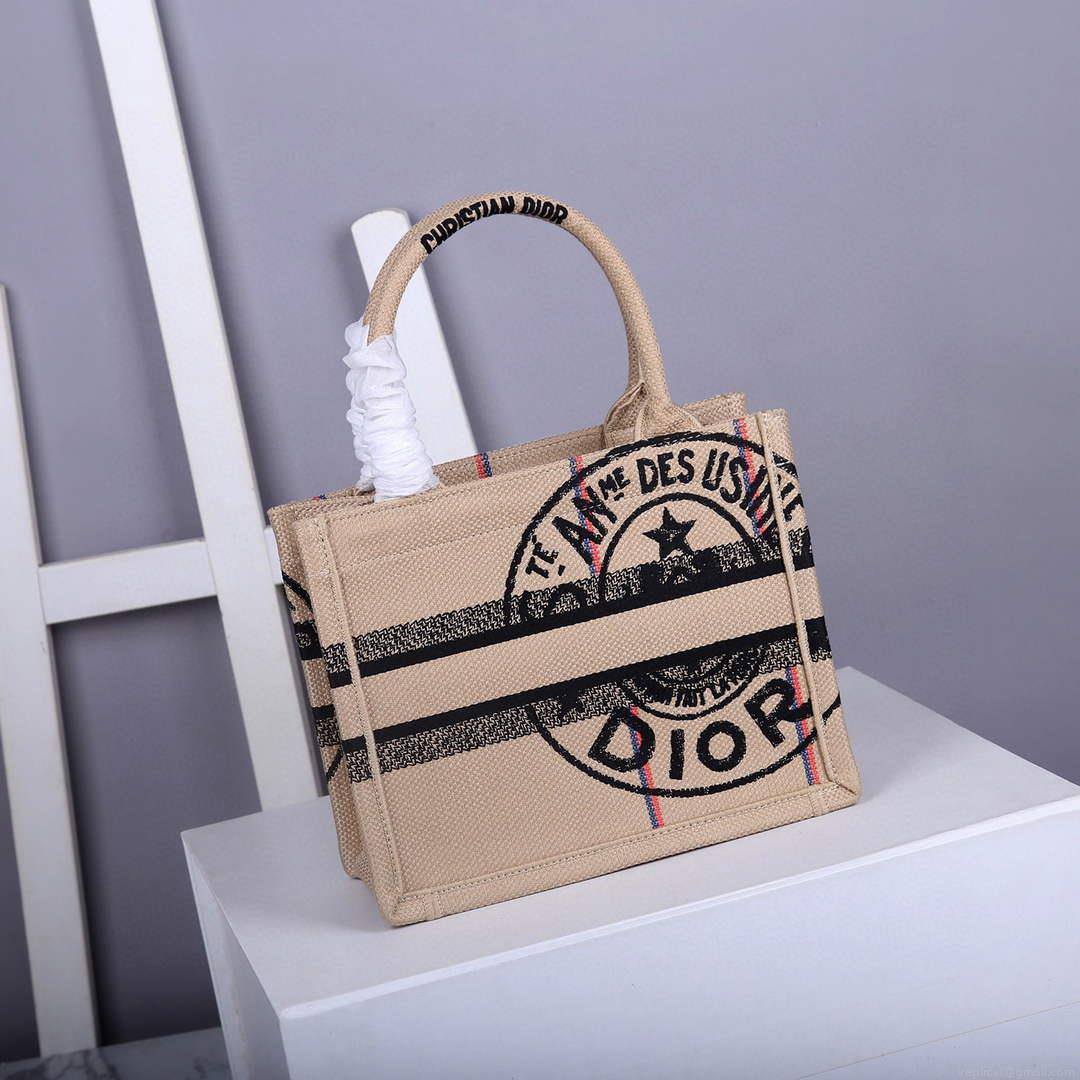 Dior M1265 Small Book Tote Beige jute fabric with Union motif