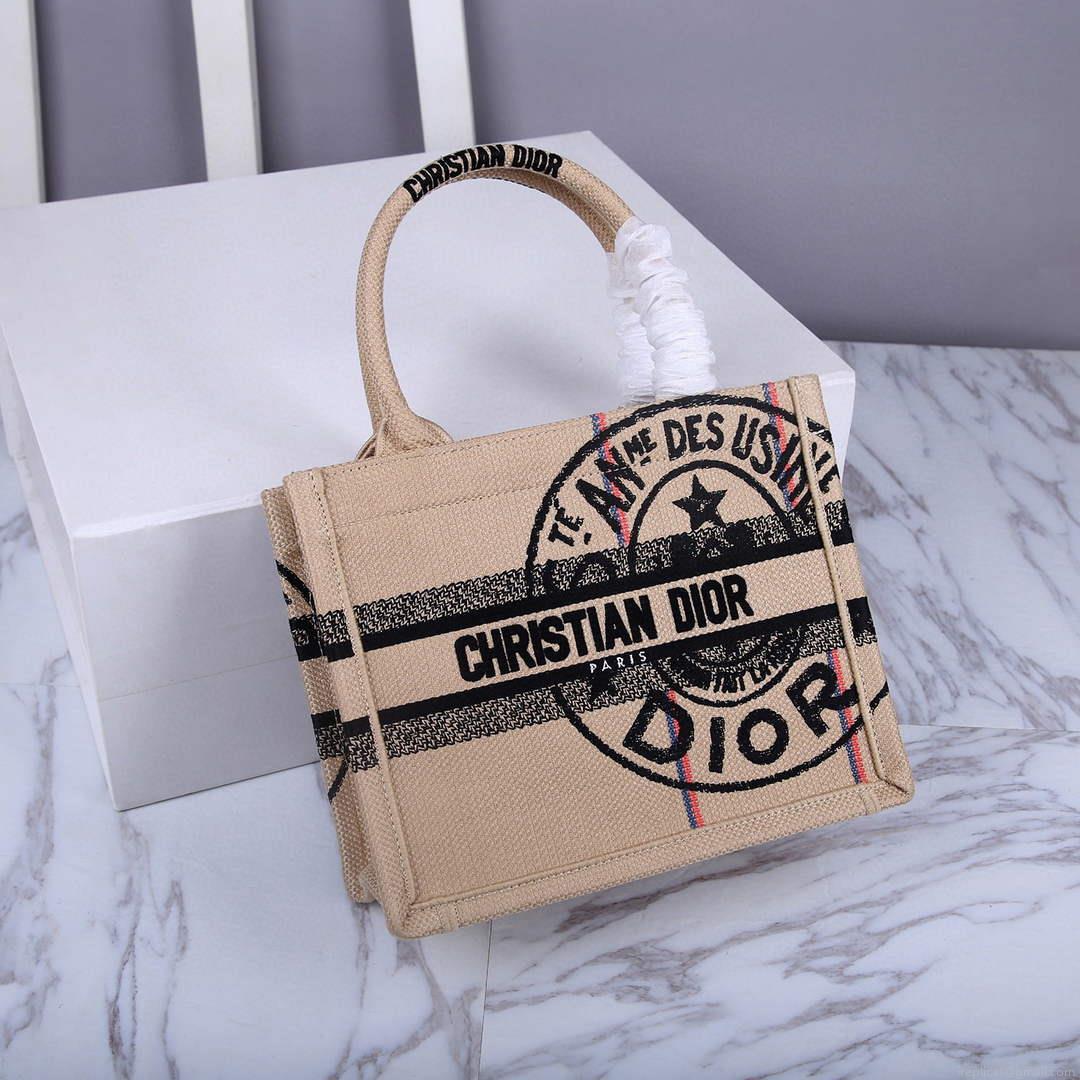 Dior M1265 Small Book Tote Beige jute fabric with Union motif