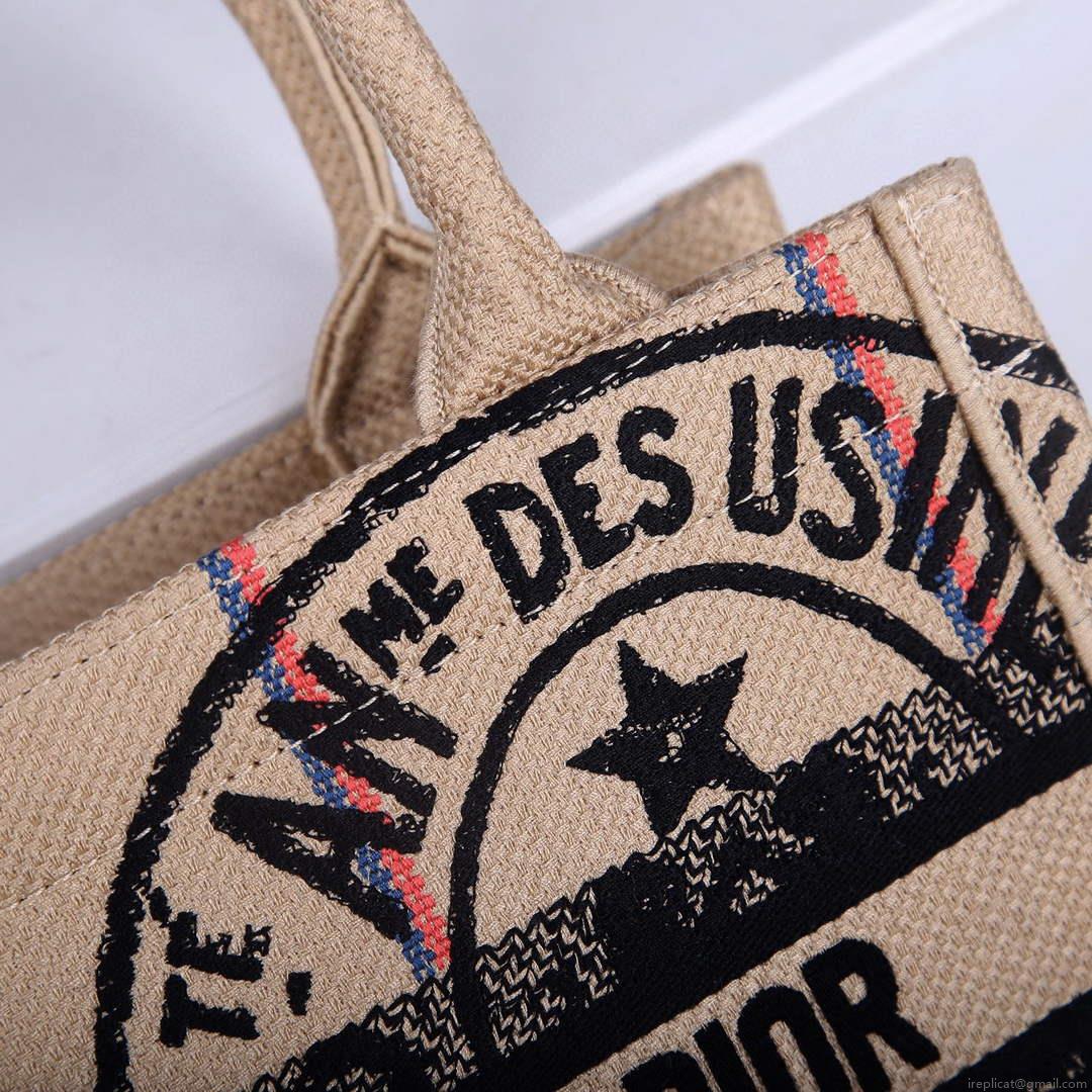 Dior M1265 Small Book Tote Beige jute fabric with Union motif