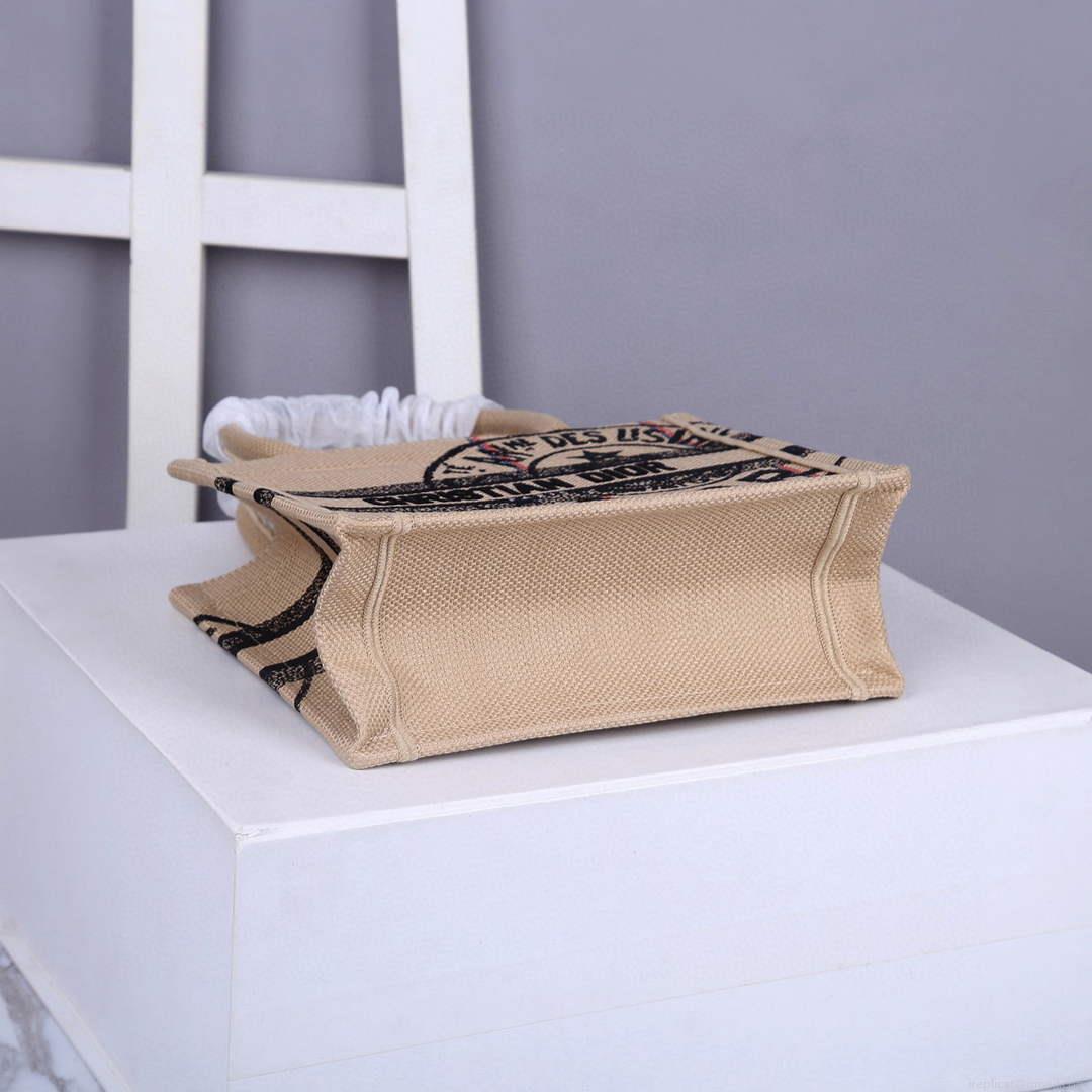 Dior M1265 Small Book Tote Beige jute fabric with Union motif