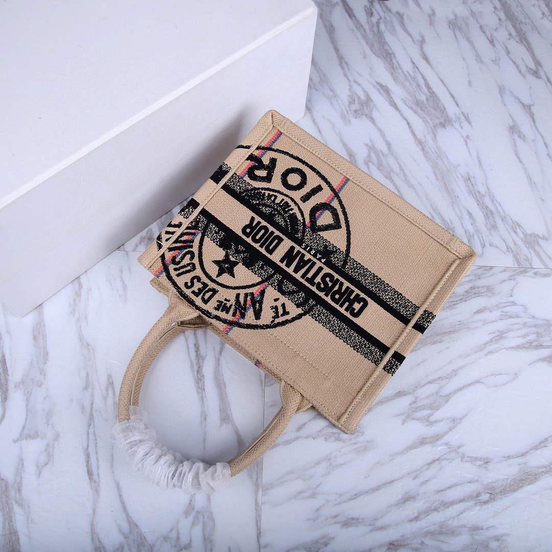 Dior M1265 Small Book Tote Beige jute fabric with Union motif