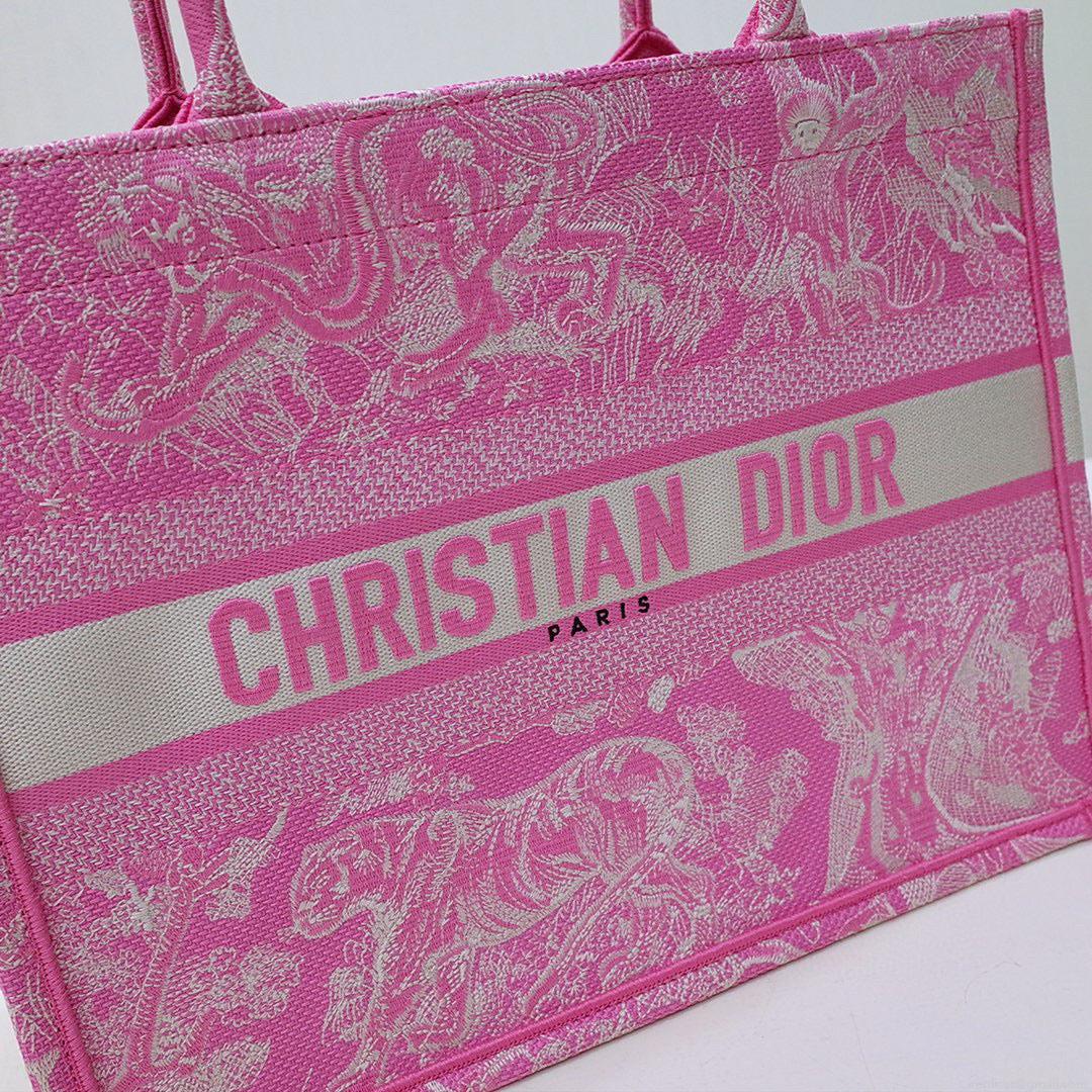 Dior M1296 Book Tote Medium Neon pink Toile de Jouy Reverse Embroidery