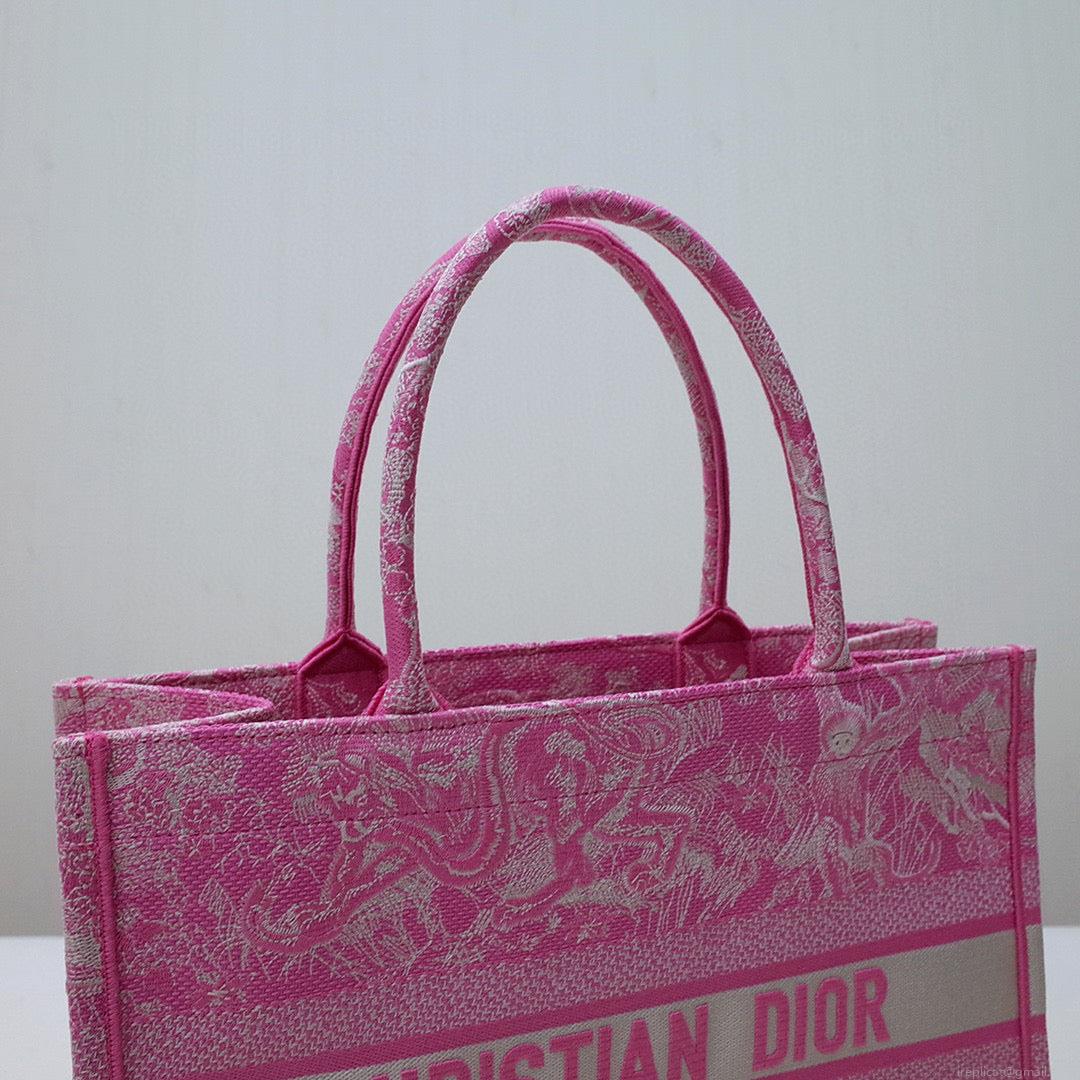 Dior M1296 Book Tote Medium Neon pink Toile de Jouy Reverse Embroidery