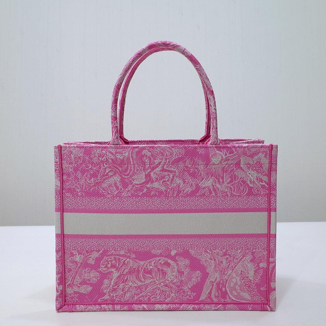 Dior M1296 Book Tote Medium Neon pink Toile de Jouy Reverse Embroidery