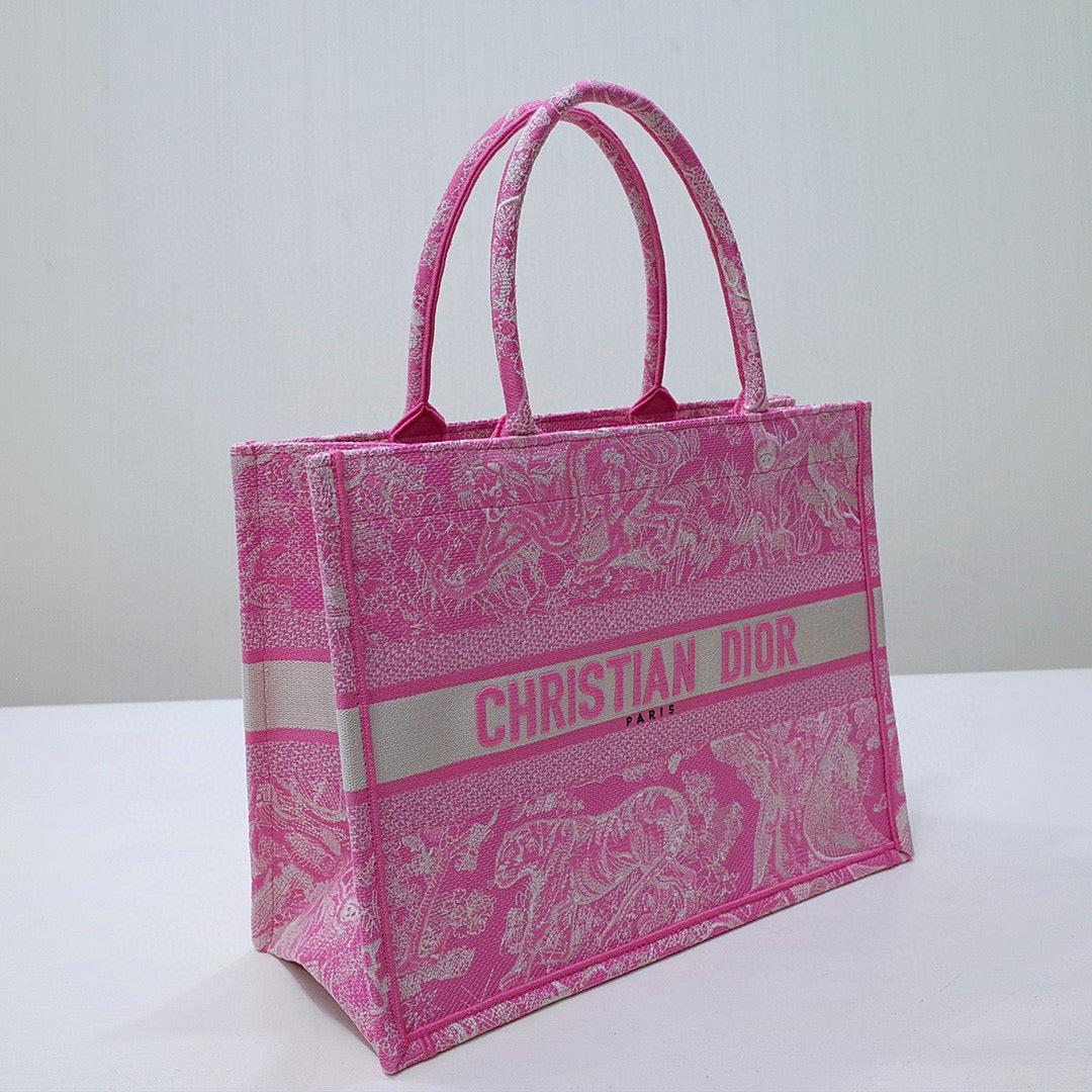 Dior M1296 Book Tote Medium Neon pink Toile de Jouy Reverse Embroidery