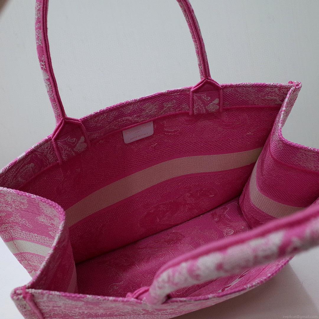 Dior M1296 Book Tote Medium Neon pink Toile de Jouy Reverse Embroidery