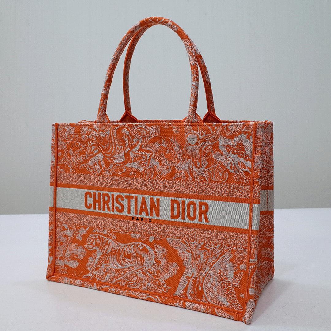 Dior M1296 Book Tote Medium Neon Orange Toile de Jouy Reverse Embroidery