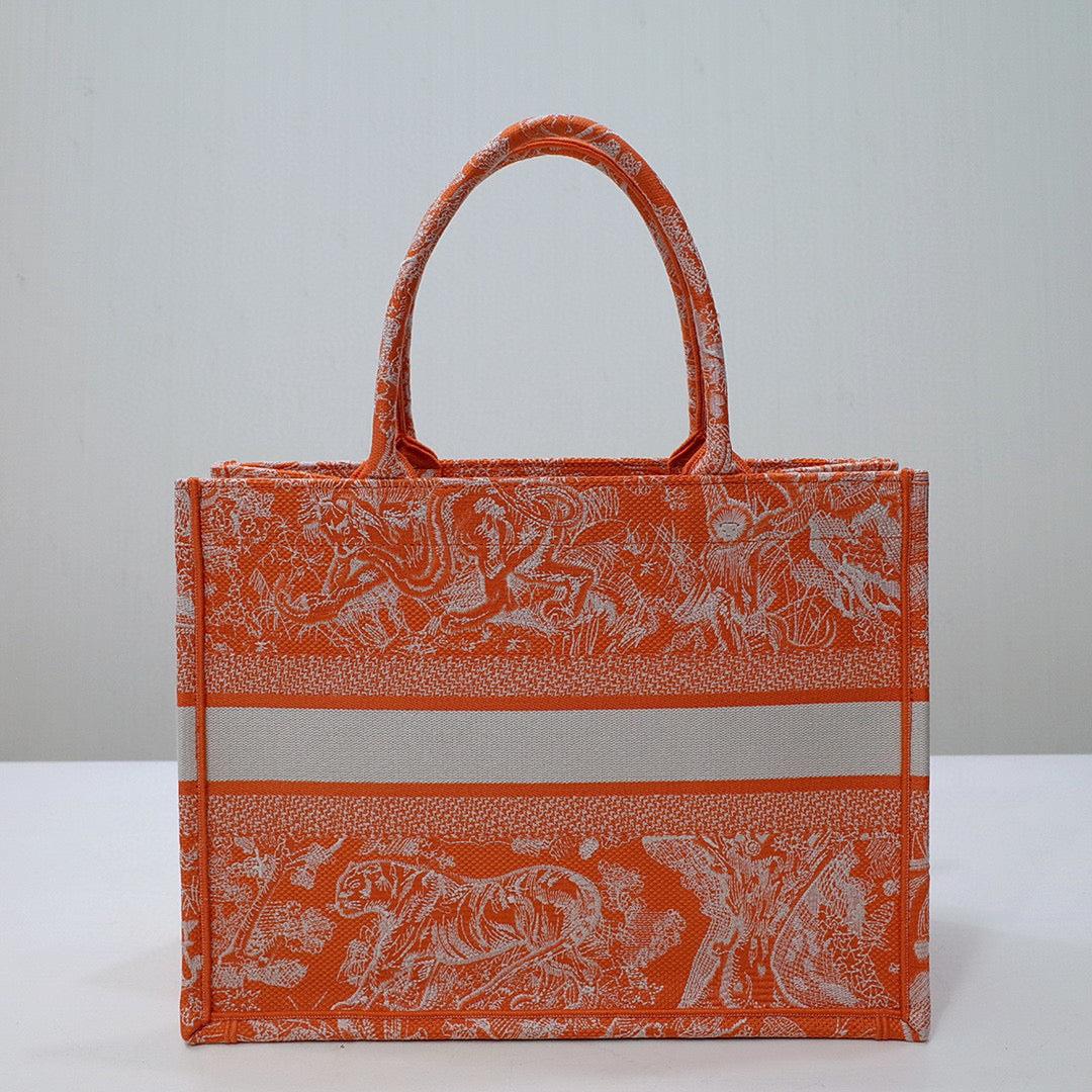 Dior M1296 Book Tote Medium Neon Orange Toile de Jouy Reverse Embroidery
