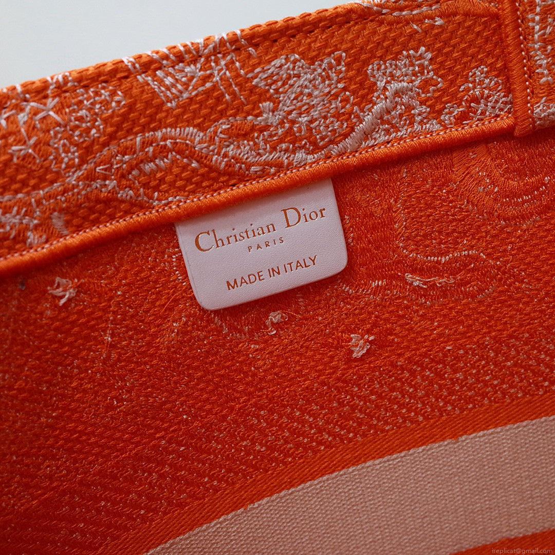 Dior M1296 Book Tote Medium Neon Orange Toile de Jouy Reverse Embroidery