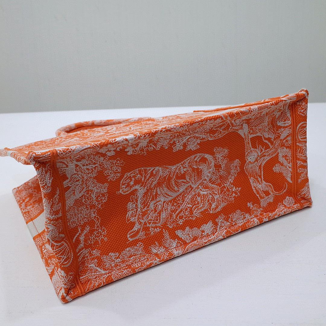 Dior M1296 Book Tote Medium Neon Orange Toile de Jouy Reverse Embroidery